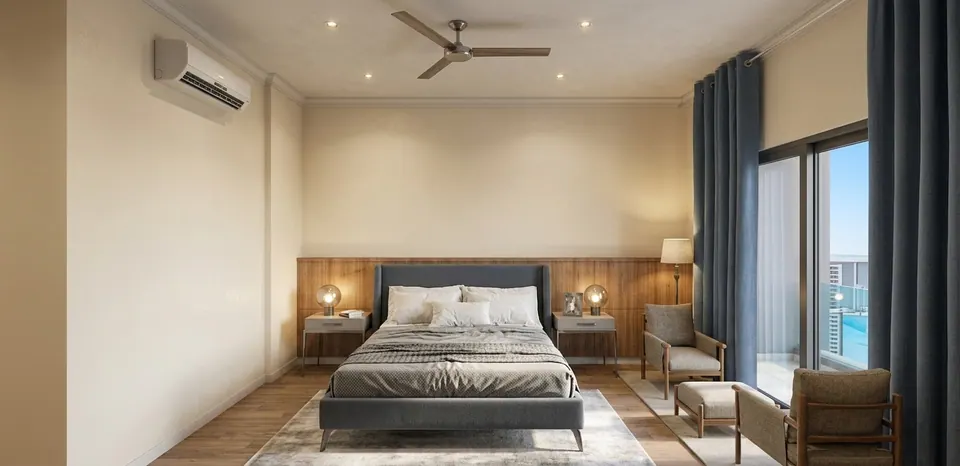 Rendered bedroom: a grey upholstered bed against timber panelling, two armchairs and a glass door to a balcony