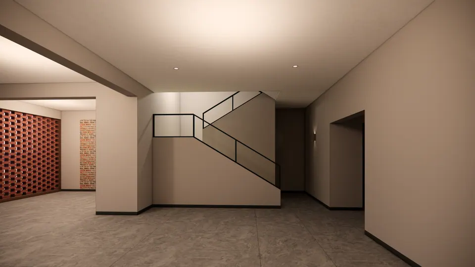 Rendered ground-floor hall in plain finishes: a stair with a black railing, brick jali panels and openings to rooms