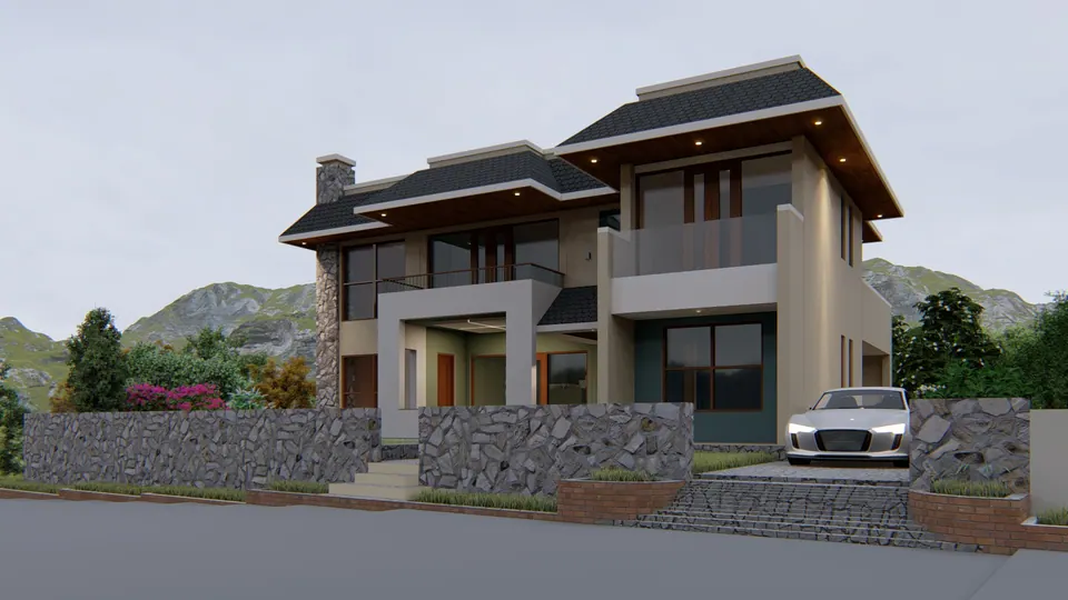 Rendered view from the road: the stone boundary wall, steps up to the porch and a driveway with a parked car