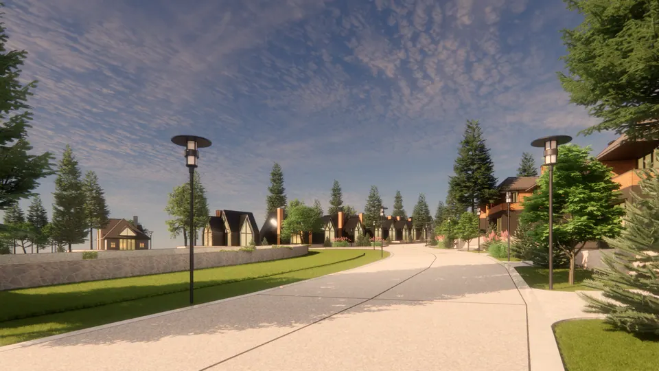 Rendered road with lamp posts along a long lawn, a row of gabled houses in the distance