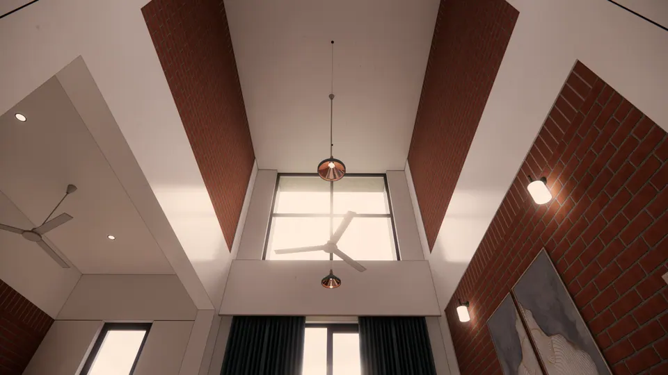 Rendered view up into the double-height space: brick-clad walls, pendant lights and a clerestory window
