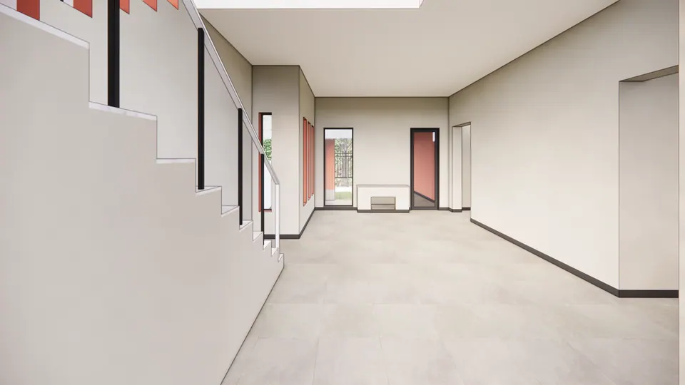 Rendered long room with the stair along one wall and doorways at the far end