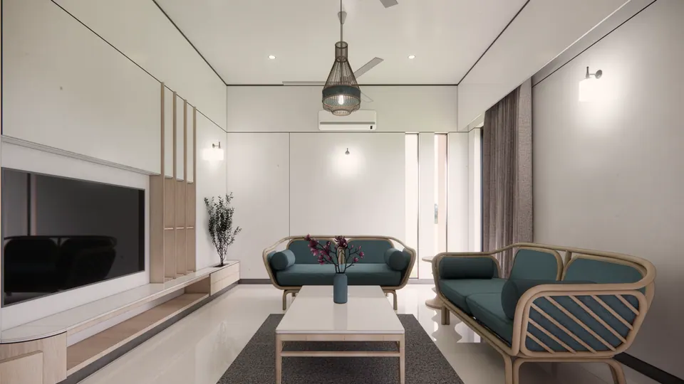 Rendered family room with two teal sofas, a white coffee table and a wall-mounted television unit
