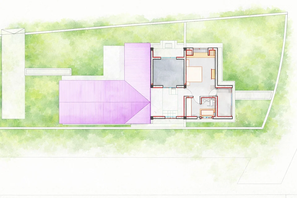 Watercolour-style second floor plan: an attic floor with a bedroom and bathroom, the lower roof shown in pink