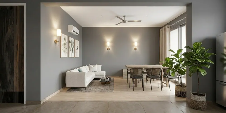 Rendered living and dining room: grey walls, a white sofa, a timber dining table with dark chairs and potted plants