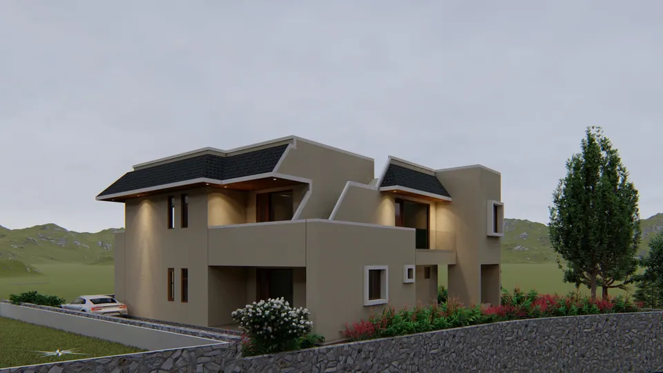 Rendered side view: beige rendered walls with deep-set square windows, stepped hipped roofs and flower beds