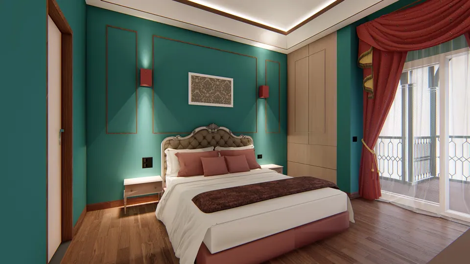 Rendered bedroom with teal walls, an upholstered headboard, red drapes and a glazed door to a balcony