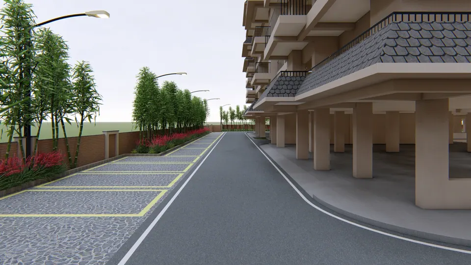 Rendered internal road with paved parking bays beside the stilt level of a block, bamboo along the boundary