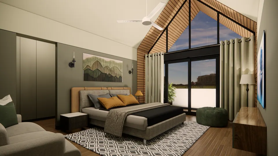Rendered bedroom with a glazed gable, timber slats, a mountain artwork above the bed and a patterned rug