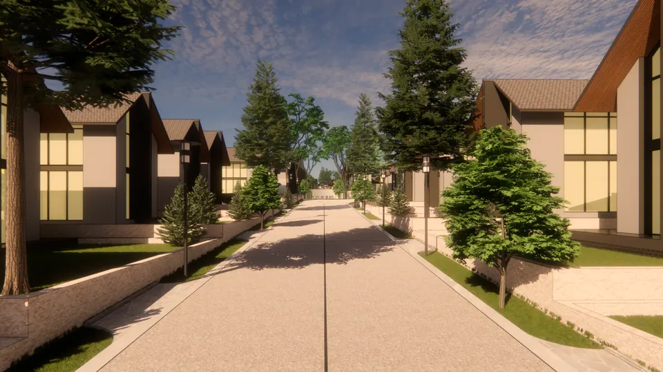 Rendered straight street between gabled houses with large lit windows and young trees