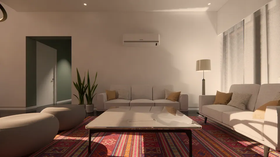 Rendered seating area with cream sofas, a floor lamp and a low marble table on a striped red rug