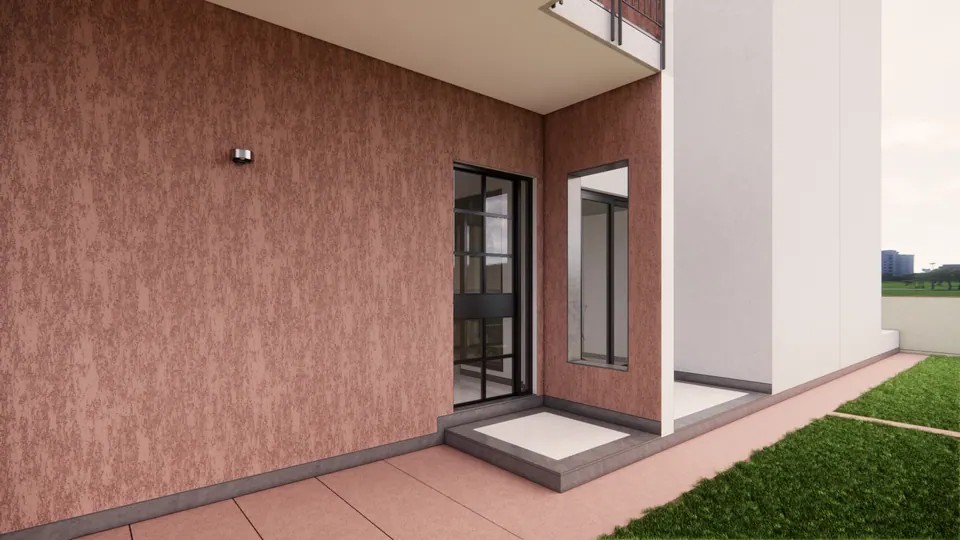 Rendered close view of a textured terracotta wall with a glazed door and window opening onto a paved terrace and lawn