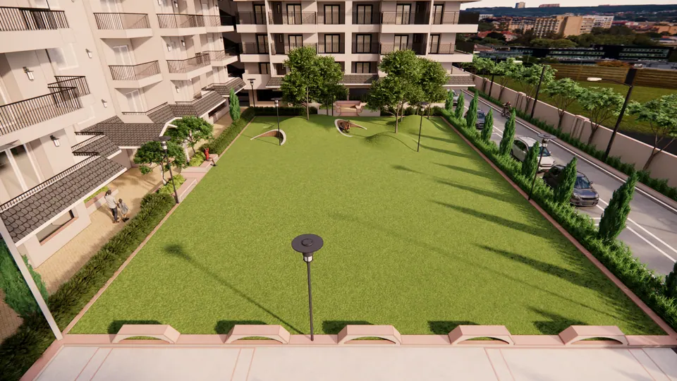 Rendered aerial of the courtyard lawn with low mounds, trees and lamp posts, parking along the boundary