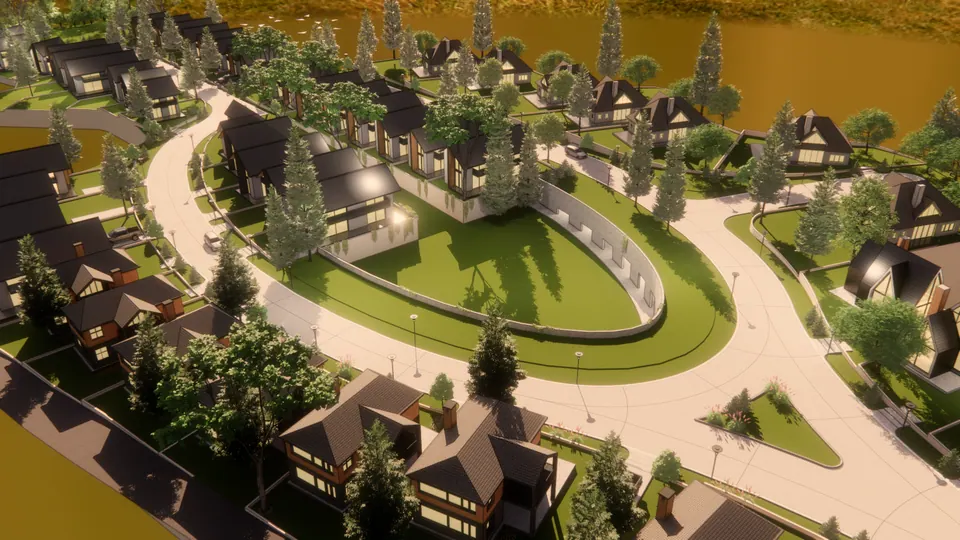 Rendered aerial of the central oval lawn ringed by a road and gabled houses with dark roofs