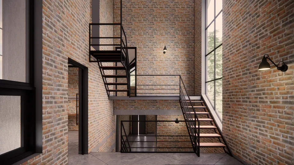 Rendered double-height brick hall with a black steel stair rising to a landing and a tall slit window