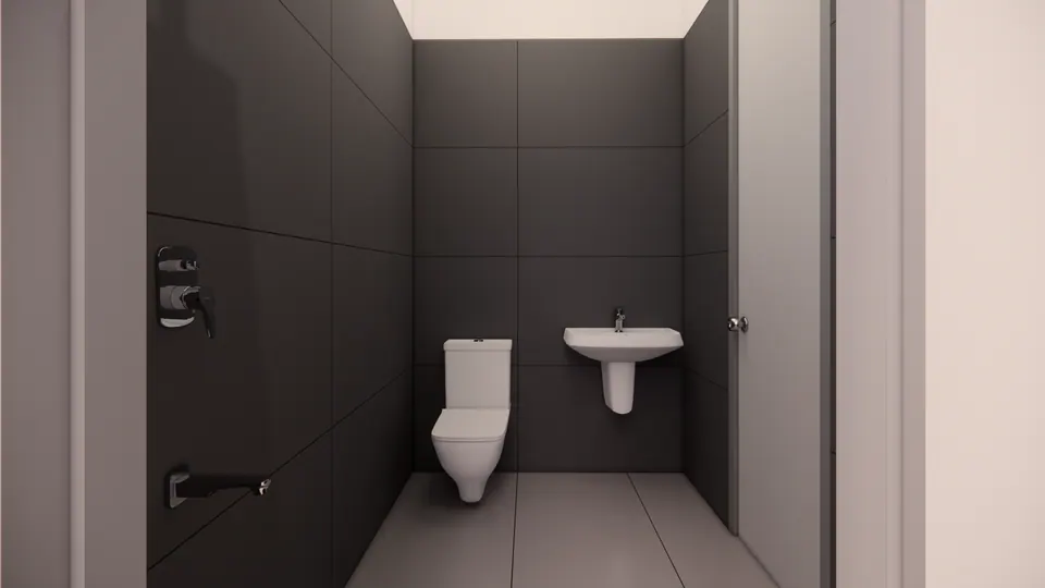 Rendered toilet with a WC and a wall-hung basin, in dark grey tiles