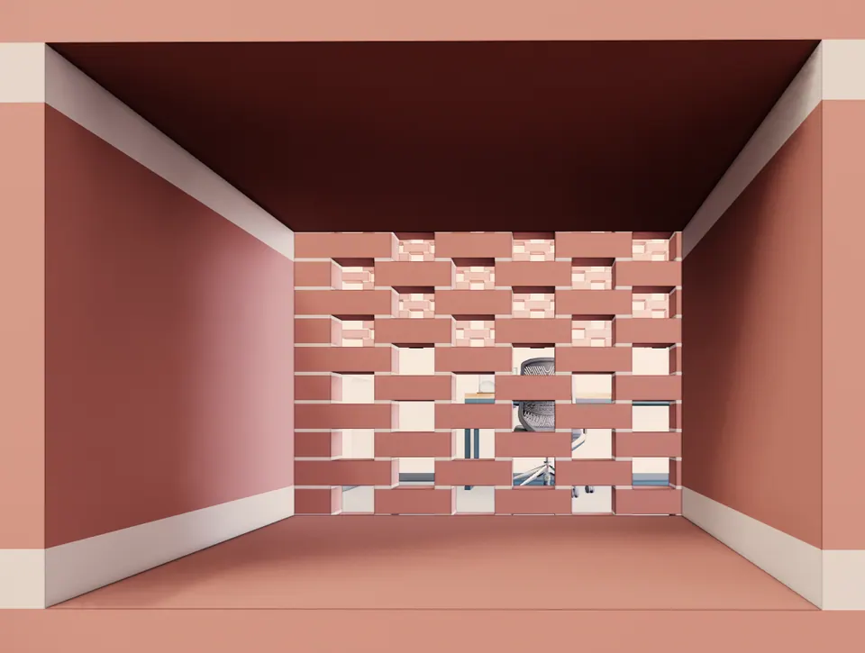 Rendered room study: terracotta walls and ceiling with a perforated brick jali wall at the far end