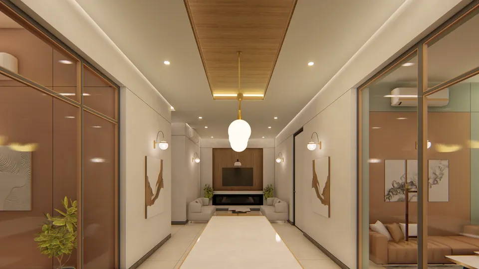 Rendered corridor with a timber ceiling strip and pendant, glass-fronted cabins and a lounge at the end