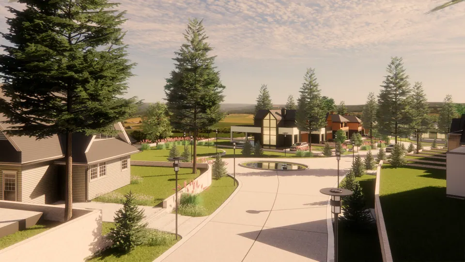 Rendered view along a road past a house and lamp posts to a circular pond and more houses