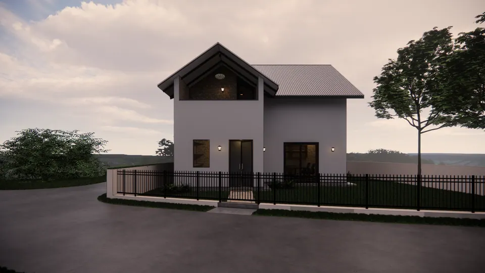 Rendered gabled two-storey house at dusk with an open gable balcony, a lit entrance and a black railing along the road