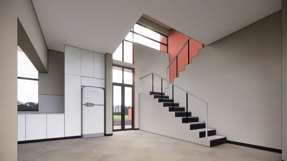 Rendered kitchen beside the stair: white full-height cabinets, a fridge and a tall glazed door below a clerestory
