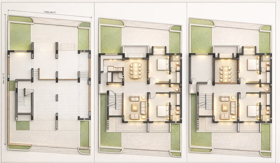 Coloured floor plans of three levels side by side: an open stilt floor, then two floors with living, dining, kitchen and bedrooms
