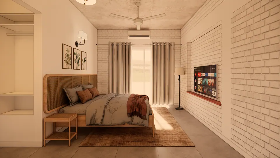 Rendered bedroom with a cane headboard, botanical prints and a TV niche in the white brick wall