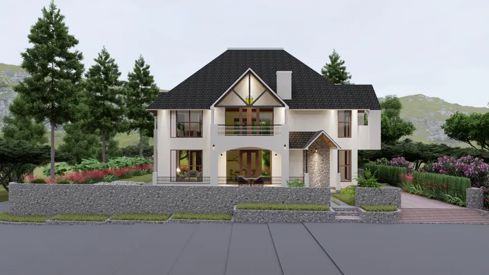 Rendered street view: a two-storey white house with steep dark roofs, a timber gable and an arched loggia behind a stone wall