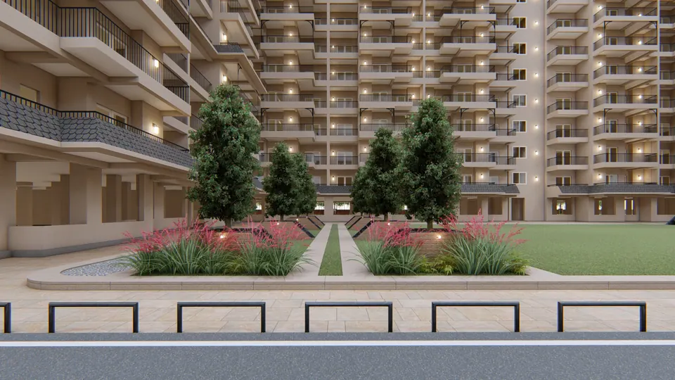 Rendered planters with trees and red-flowering shrubs in front of the stilt level, balconies above