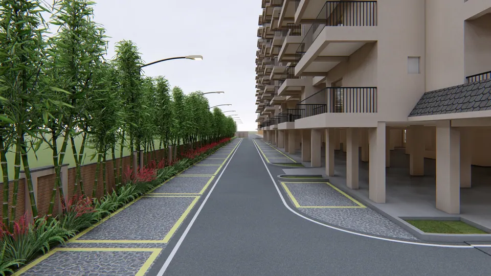 Rendered internal road with parking bays along a bamboo-lined boundary wall, a block on stilts to the right