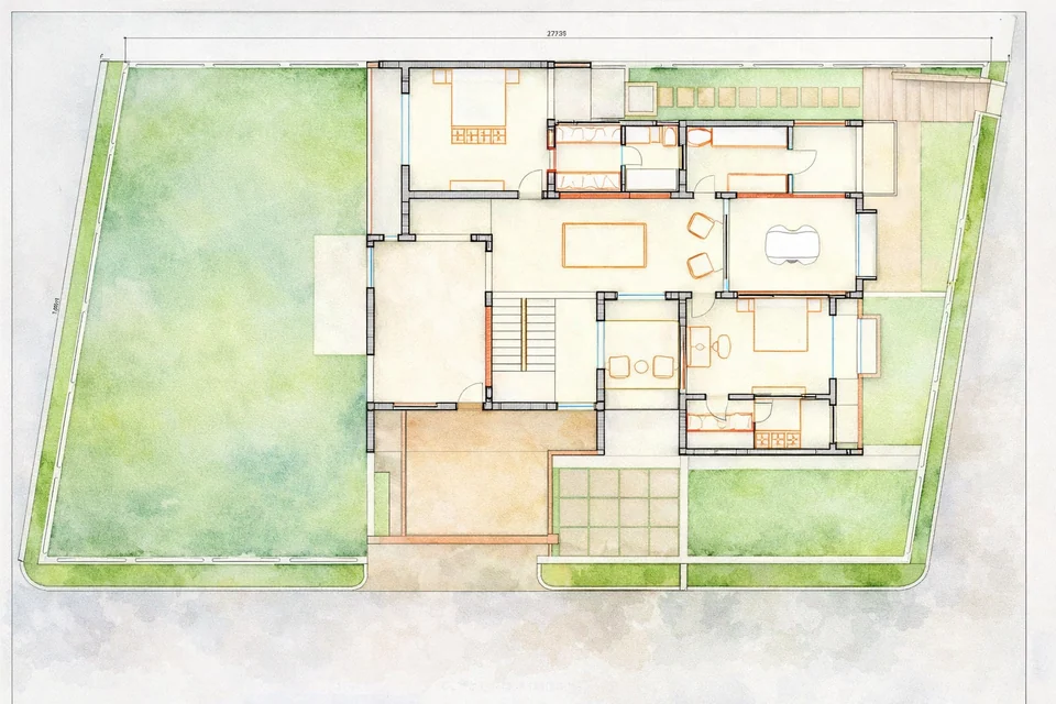 Watercolour-style first floor plan with bedrooms, a central lounge and the stair, set within the lawned plot