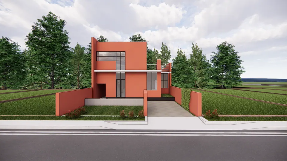 Rendered street view of a two-storey coral-red house of stacked cubic volumes behind a coral boundary wall and a lawn
