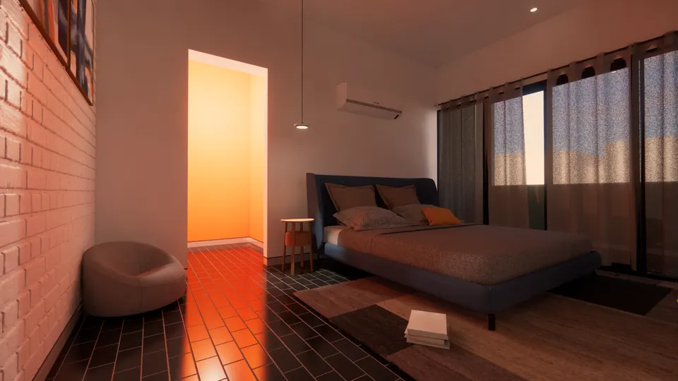 Rendered bedroom with a white brick wall, a blue upholstered bed, a pouf chair and an orange-lit doorway