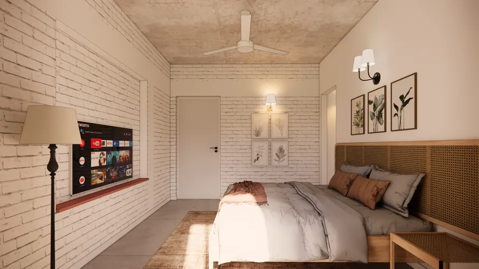 Rendered bedroom: a cane-panelled headboard, botanical prints on white brick, a floor lamp and a wall TV