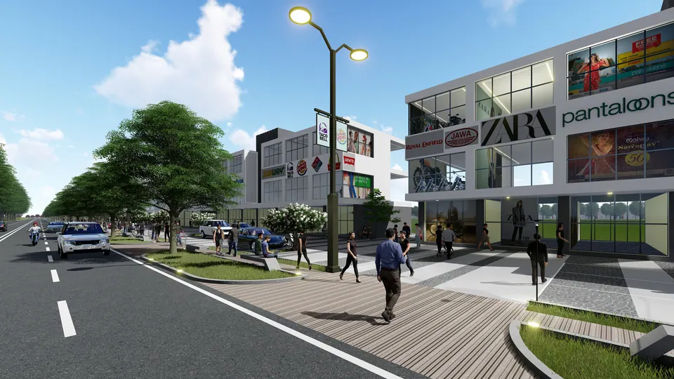 Rendered shopping street corner with glazed shopfronts, a boardwalk pavement, trees and pedestrians
