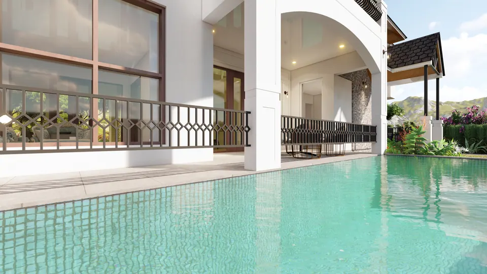 Rendered pool running along the loggia, with a diamond-pattern railing and tall glazed doors