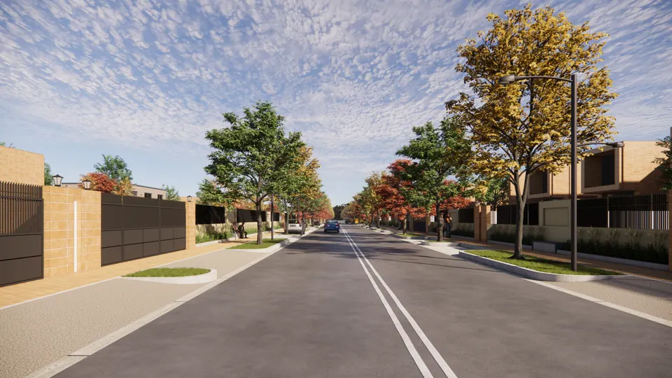 Rendered tree-lined street: a two-lane road with planted kerbs, street lights and low boundary walls in front of houses