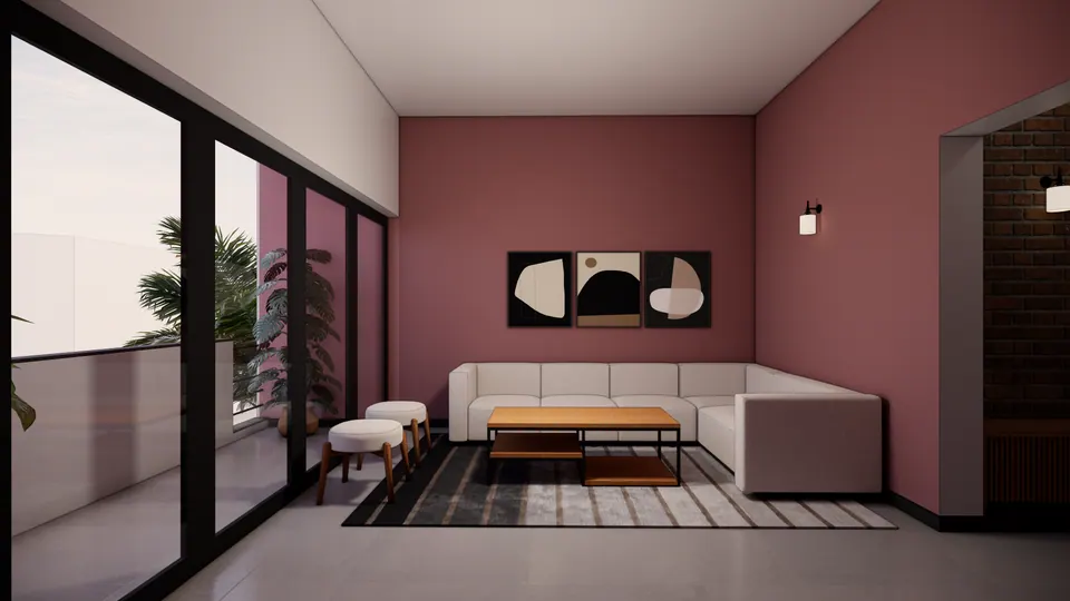 Rendered lounge: a white L-shaped sofa under three abstract prints on a dusky pink wall, beside floor-to-ceiling glazing to a balcony