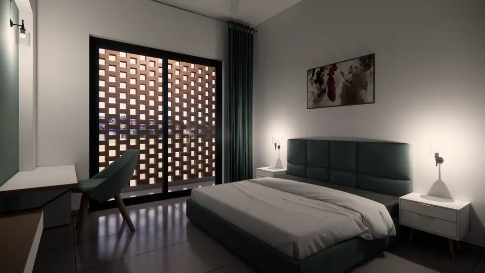 Rendered bedroom with a dark green headboard, a desk chair and sliding doors screened by perforated brick