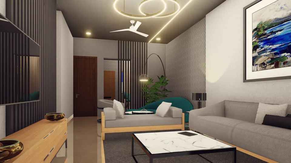 Rendered lounge with grey sofas, a white marble coffee table, a timber sideboard and a ring pendant beside a slatted wall