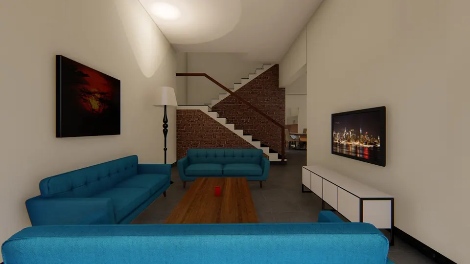 Rendered living room with blue sofas, a timber coffee table and a television wall; the stair rises against a brick wall