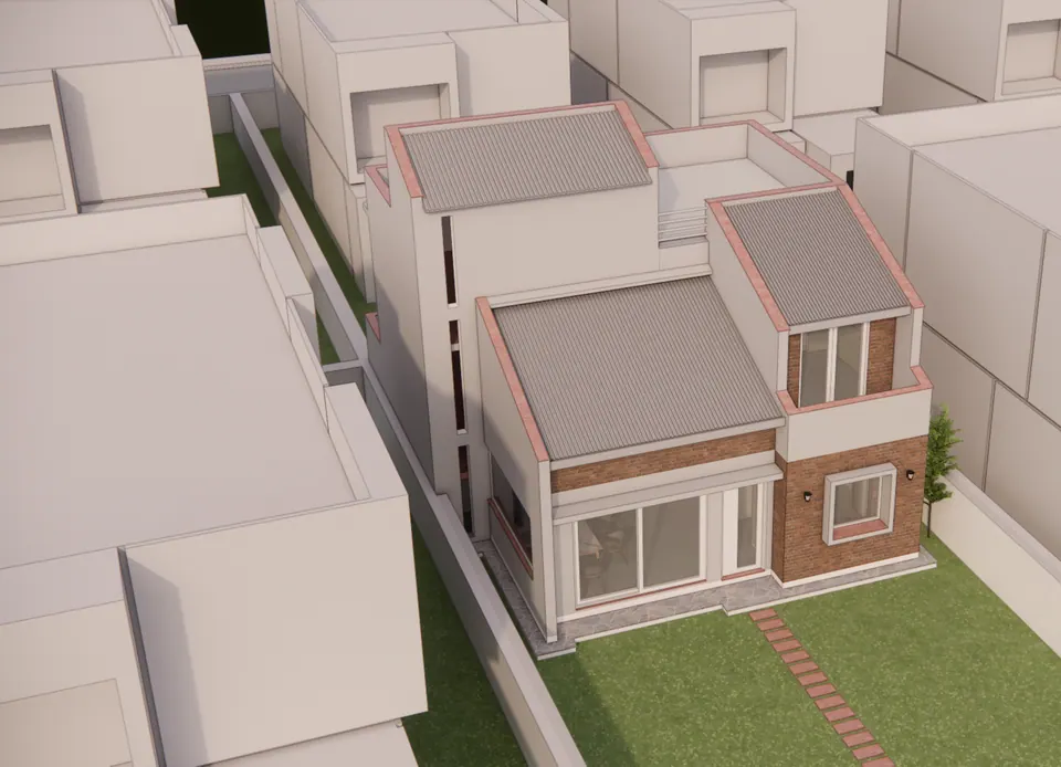 Rendered aerial view: the house with grey metal roofs and a roof terrace on a narrow plot between neighbouring blocks
