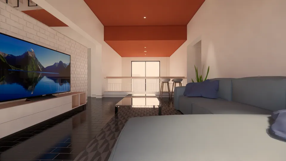 Rendered upper lounge with a grey sofa facing a long TV console, the gallery counter and a window beyond