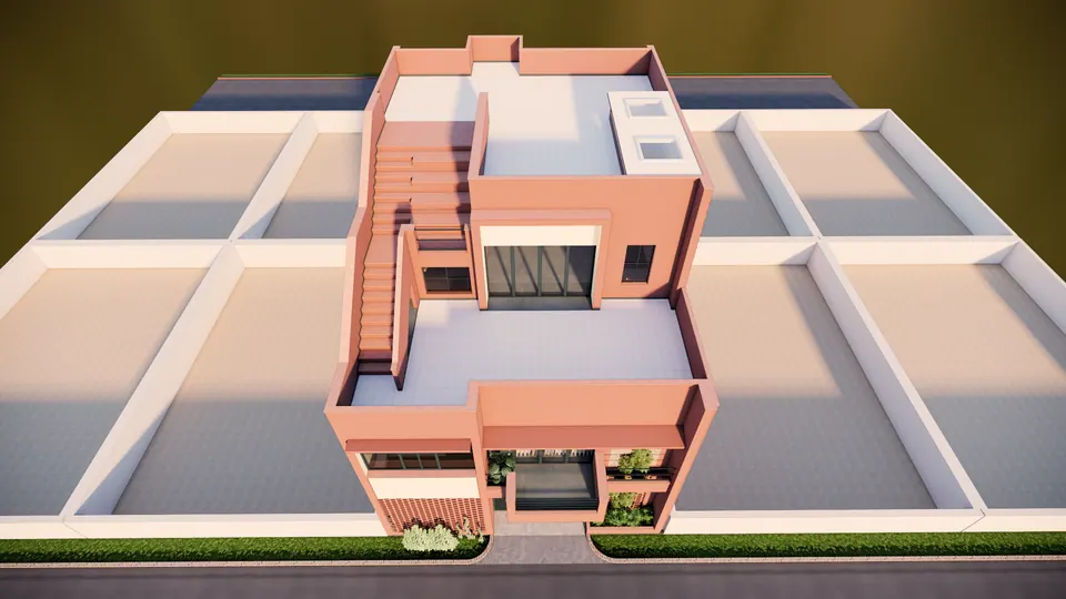 Rendered aerial view: the terracotta house with stepped terraces and a roof stair among neighbouring plots