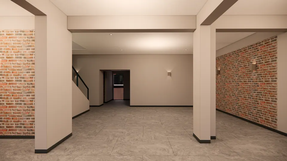 Rendered ground-floor room with two columns, exposed brick walls on both sides and a corridor beyond