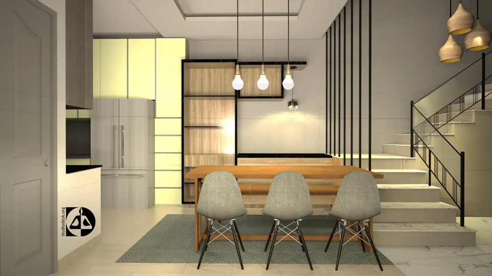 Rendered dining area with a timber table and grey chairs beside a stair with a black railing, the kitchen behind
