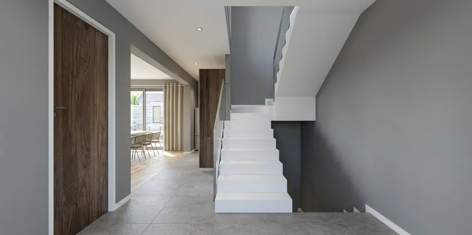 Rendered hall: a white folded-plate stair against grey walls, a timber door and a view through to the dining room