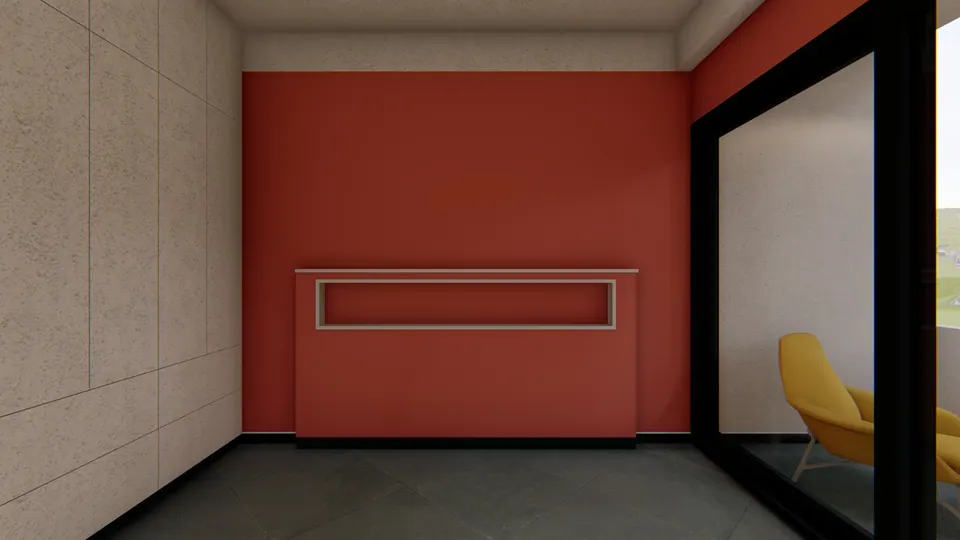 Rendered room with a red wall and built-in console, glass doors to a balcony with a yellow lounge chair
