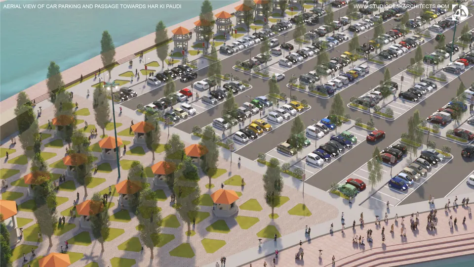Rendered closer aerial of the tree-lined passage with kiosks between the car parking and the river steps