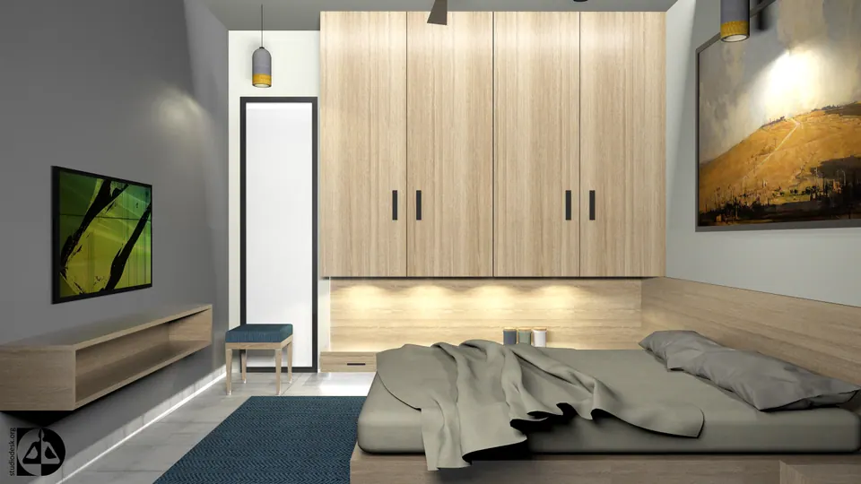 Rendered bedroom with a low bed, a timber wardrobe wall with a lit niche, a wall-mounted TV and a blue rug